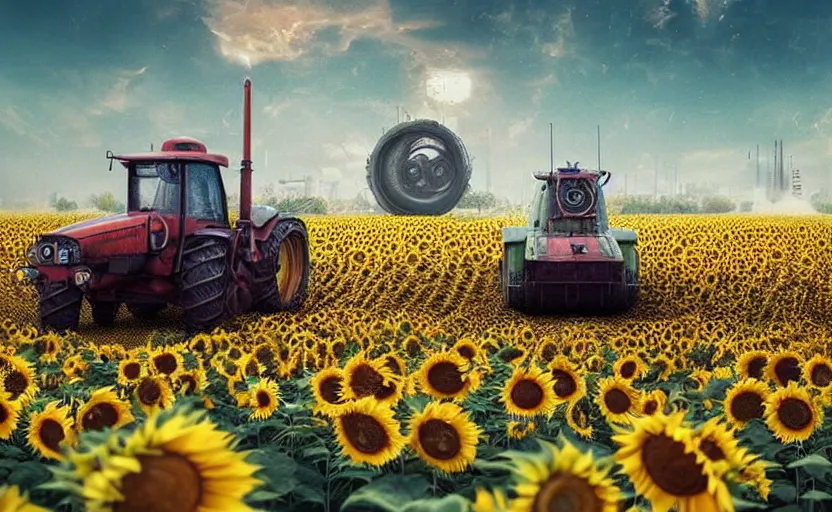 Image similar to cute tractor on sunflower field towing a russian t 6 2 tank cyberpunk art by mike winkelmann, trending on cgsociety, retrofuturism, reimagined by industrial light and magic, darksynth, sci - fi