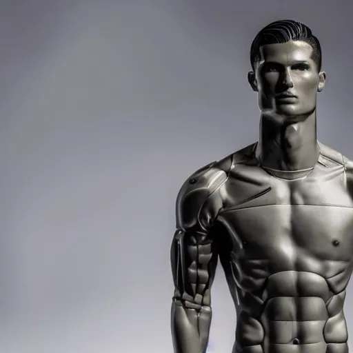 Image similar to a realistic detailed photo of a guy who is an attractive humanoid who is half robot and half humanoid, who is a male android, soccer player cristiano ronaldo, shiny skin, posing like a statue, blank stare, in a living room, on display, showing off his muscles