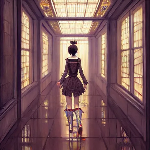 Image similar to beautiful girl in intricate clothing walking through a hallway of mirrors, reflections, very high intricate details, painting, digital anime art, medium shot, mid - shot, wlop, ilya kuvshinov, artgerm, krenz cushart, greg rutkowski, sana takeda