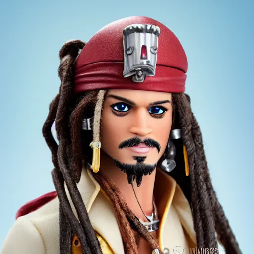 Image similar to Captain Jack Sparrow as a male barbie doll, Mattel, studio product photography, professional, detailed, f/8.0