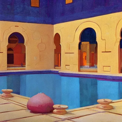 Image similar to a detailed oil painting of a harem pool with arabic patterns, by nicholas roerich, by frank frazetta!!!! by georgia o keeffe by frederick william elwell, by hans emmenegger, by eyvind earle highly detailed!!!, realistic, outline, line work, fantasy, oriental, stylised flat colors, animation