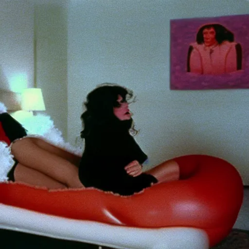 Prompt: still from a 1980 arthouse film about a depressed housewife dressed as a squishy inflatable toy who meets a handsome younger man in a seedy motel room, color film, 16mm soft light, weird art on the wall