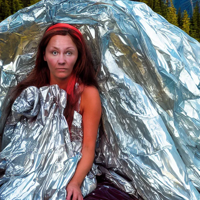 Image similar to a color photograph, closeup portrait of a woman wrapped in plastic, sitting in a plastic throne, in glacier national park in montana, color photograph, by vincent desiderio, canon eos c 3 0 0, ƒ 1. 8, 3 5 mm, 8 k, medium - format print