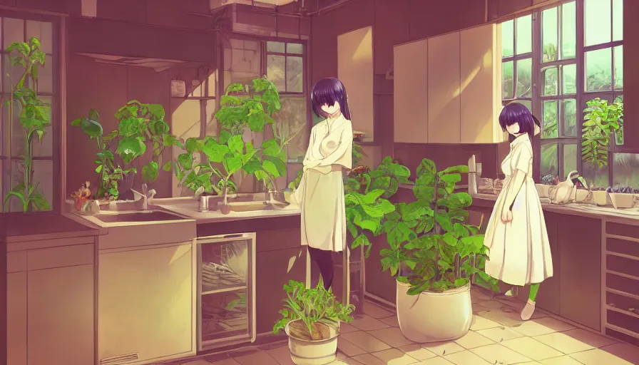 Prompt: a woman standing in a kitchen next to a plant, a storybook illustration by kiyohara tama, pixiv contest winner, magic realism, pixiv, official art, anime aesthetic