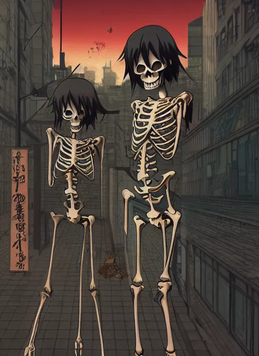 Image similar to skeleton couple, scenery wallpaper aesthetic, anime style, beautiful, cinematic, dramatic, super detailed and intricate, hyper realistic, 4 k render, by satoshi kon, by koson ohara, by darwyn cooke