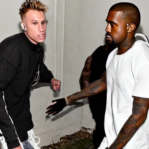 Prompt: Kanye West rescuing Machine Gun Kelly from a burning house