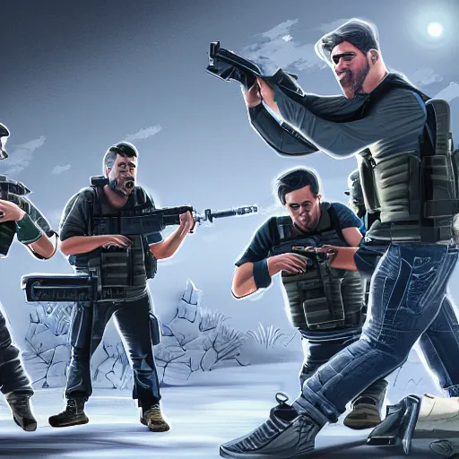 Image similar to a portrait of neighbours fighting with a machine guns digital concept art