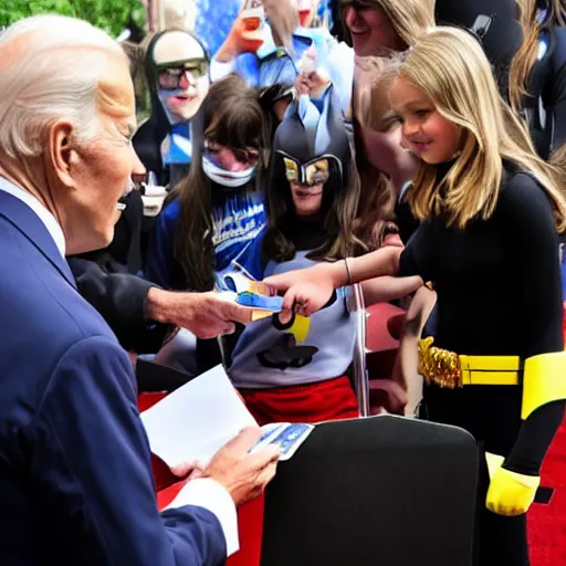 Image similar to joe biden dressed as batman and signing autographs