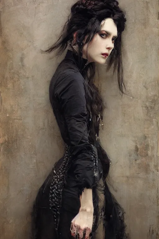 Prompt: Richard Schmid and Jeremy Lipking full length portrait painting of a young beautiful victorian steampunk vampire woman Elvira Mistress of the Dark