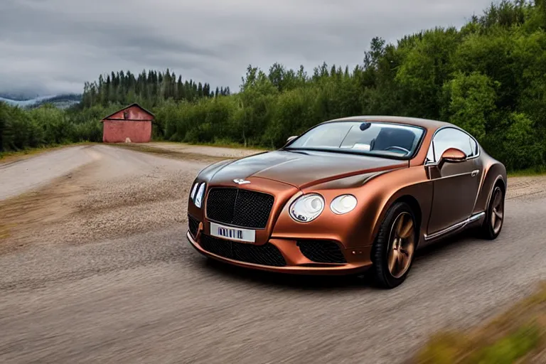 Image similar to modern rusty matte tired Bentley Continental GT without gloss no reflections drives along the road of an old Russian village with houses at the edges