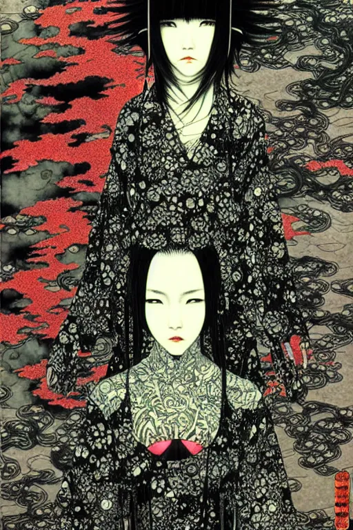 Image similar to japan cyberpunk girl, nice long black leather, detailed acrylic, grunge, intricate complexity, by takato yamamoto and by gediminas pranckevicius, joan mitchell