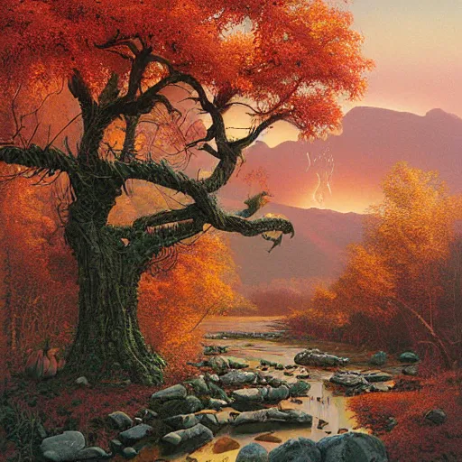 Image similar to 🔥🌄🍁🌳🌳🌲🍂🎃, michael whelan, brom