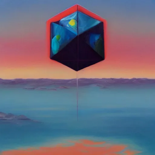 Image similar to an oil painting of an icosahedron floating above a lake