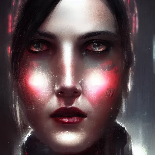 Image similar to close - up portrait of a young beautiful cyberpunk woman, mirror eye implants, short black hair, sunset, painted by seb mckinnon, high detail, digital art, painted by greg rutkowski, trending on artstation