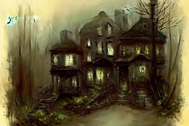 Prompt: (((((a ramshackle manhattan brownstone deep in the forest, creepy, foggy, rainy))))) by Jean-Baptiste Monge!!!!!!!!!!!!!!!!!!!!!!!!!!!