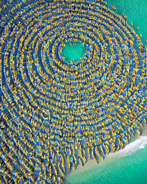 Image similar to thousands of sunbathers lie on a beach, together forming a gigantic design like an alien crop circle, photorealistic, ufos, crop circles