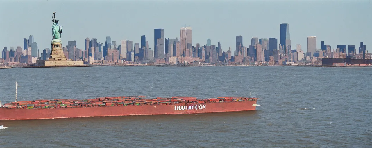 Image similar to a large ship transporting spaghetti in hudson river, background of the statute of liberty, canon 5 0 mm, photography, film, kodachrome