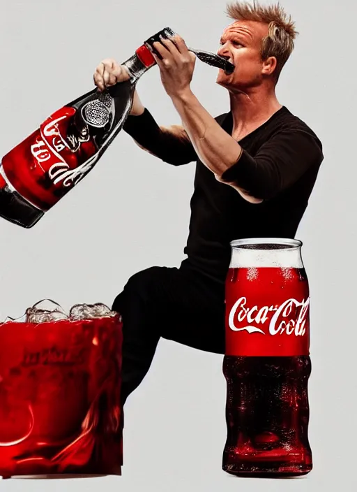 Prompt: Gordon Ramsey chugging an entire 4 liter bottle of coca cola, intense expressionate photograph, high quality, detailed, sharp, 4k, trending on artstation, raytraced