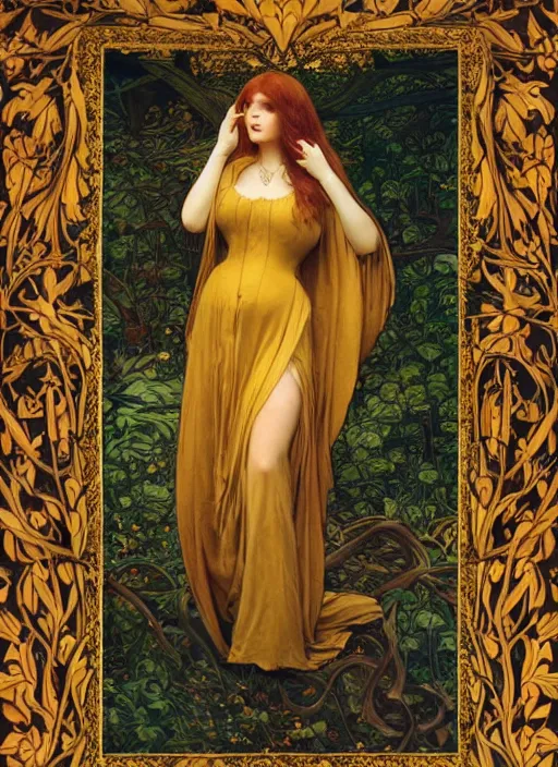 Image similar to masterpiece beautiful seductive flowing curves pose preraphaelite portrait photography, straight bangs, yellow ochre ornate medieval dress, mushroom forest arch, william morris and kilian eng and mucha, framed, 4 k