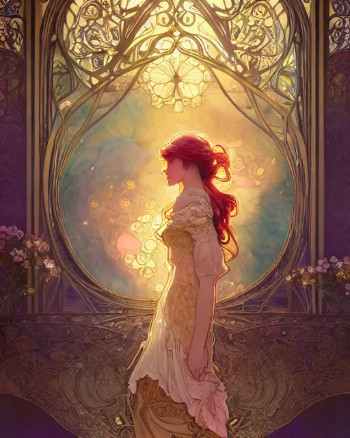 Prompt: secret romance | highly detailed | very intricate | art nouveau | gold filigree | romantic storybook fantasy | soft cinematic lighting | award - winning | disney concept art watercolor illustration by mandy jurgens and alphonse mucha and alena aenami | pastel color palette | featured on artstation