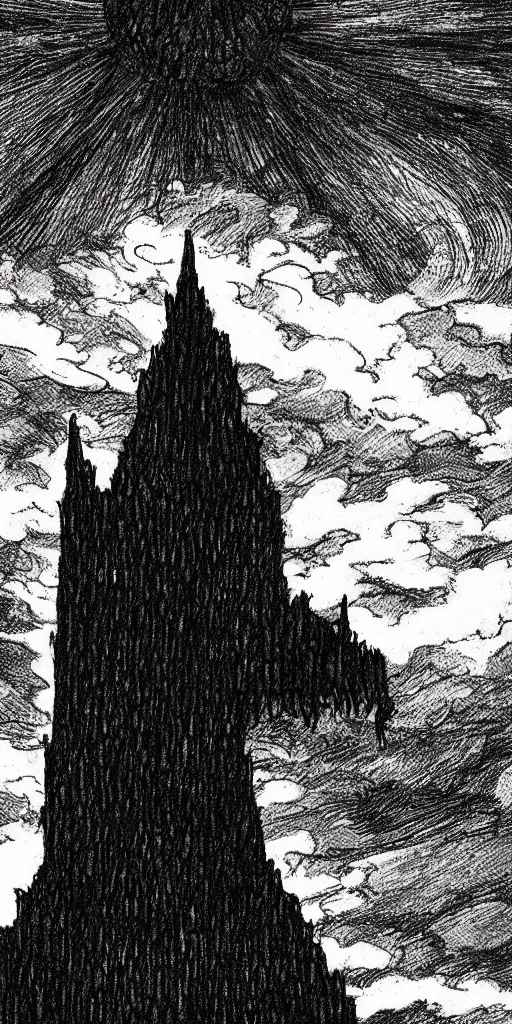 Image similar to a dark tower on fire upon a hill surrounded by a dark forest , high fantasy, drawn by Kentaro Miura, Tarot card, tarot card the tower