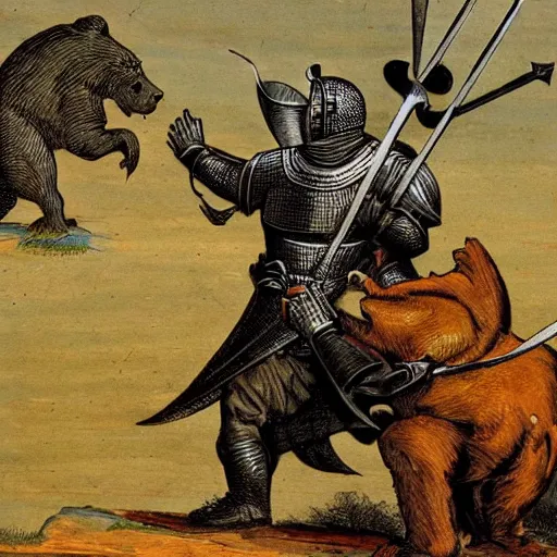 Image similar to medieval knight fights a bear. the bear is gigantic