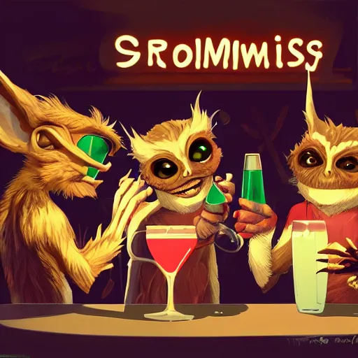 Image similar to gremlins having drinks in rustic night club, artstation,