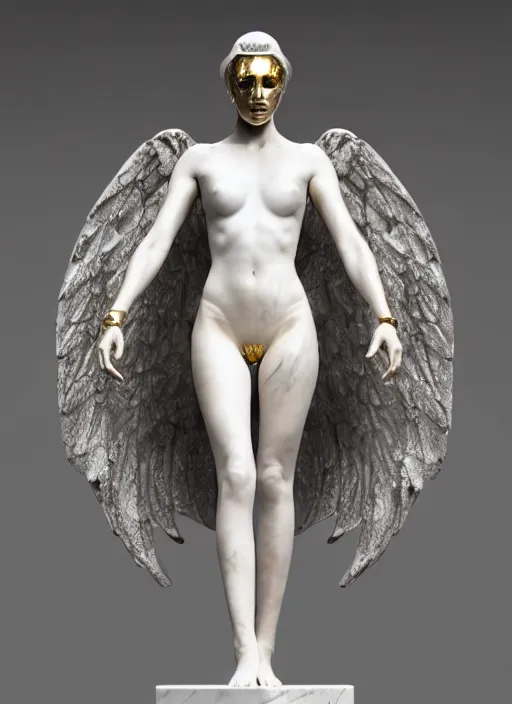 Image similar to a statue made of white marble with gold veins, of an beautiful gorgeous futuristic cybernetic angel girl, prostheses, transhumanism, full body shot, perfect symmetrical body, perfect symmetrical face, hyper realistic, hyper detailed, by johannen voss, by peter kemp, by monia merlo, by michelangelo, octane render, blender, 8 k