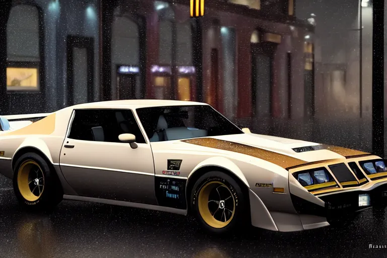 Image similar to hyperdetailed, photorealistic photograph of a 1 9 8 2 pontiac firebird trans - am drifting in the streets, rain, night, dense fog, hd, unreal engine 5 by greg rutowski, by stanley artgerm, by alphonse mucha