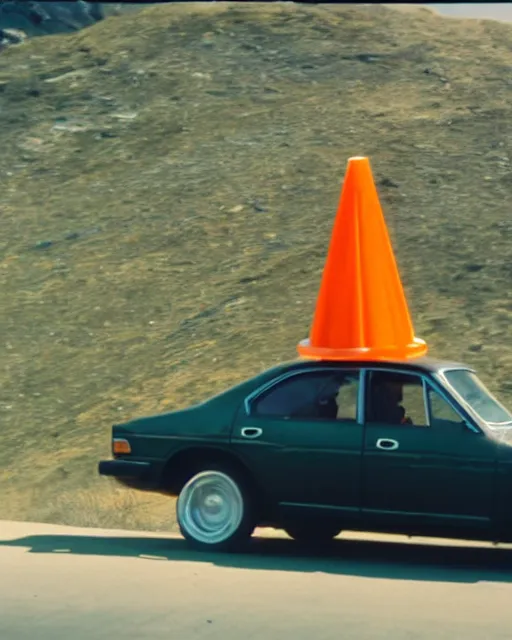 Prompt: film still of a toyota levin, mountain backround with a traffic cone nearby.