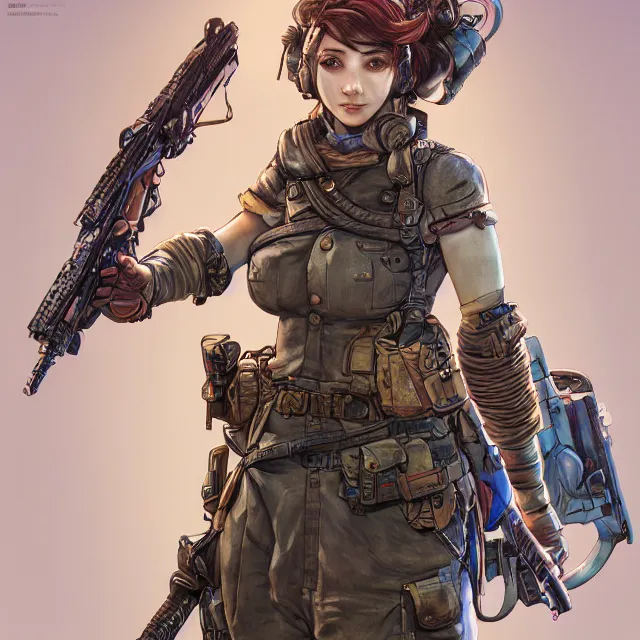 Image similar to the portrait of lawful neutral semi - colorful female infantry gunner as absurdly beautiful, gorgeous, elegant, young gravure idol, an ultrafine hyperdetailed illustration by kim jung gi, irakli nadar, intricate linework, bright colors, octopath traveler, final fantasy, unreal engine 5 highly rendered, global illumination, radiant light, detailed and intricate environment