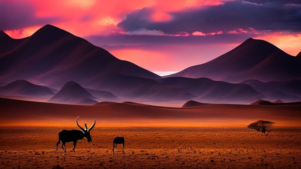 Image similar to amazing landscape photo of the Namib landscape with mountains in the distance and an Oryx standing in the foreground by marc adamus, beautiful dramatic lighting