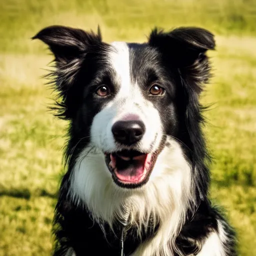 Image similar to Border Collie, splash art, movie still, cinematic lighting, dramatic, octane render, long lens, shallow depth of field, bokeh, anamorphic lens flare, 8k, hyper detailed, 35mm film grain