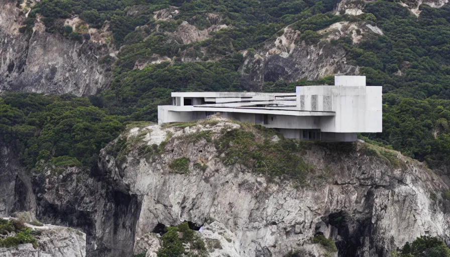 Image similar to big base brutalist perched on a cliff overlooking a magnificient bay, brutalism architecture on cliffs, drawing architecture, pritzker architecture prize, greig fraser
