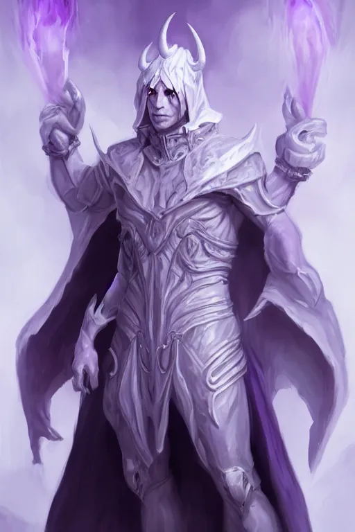 Prompt: human male demon, full body white purple cloak, no hoodie, warlock, character concept art, costume design, black eyes, white horns, trending on artstation, Artgerm , WLOP