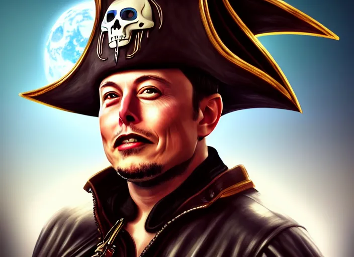 Image similar to highly detailed portrait of Elon Musk as a dread pirate captain, proudly posing at the helm of his frigate wearing a pirate hat, artstation, cinematic lighting, hyperdetailed, cgsociety, 8k, high resolution, insanely detailed and intricate