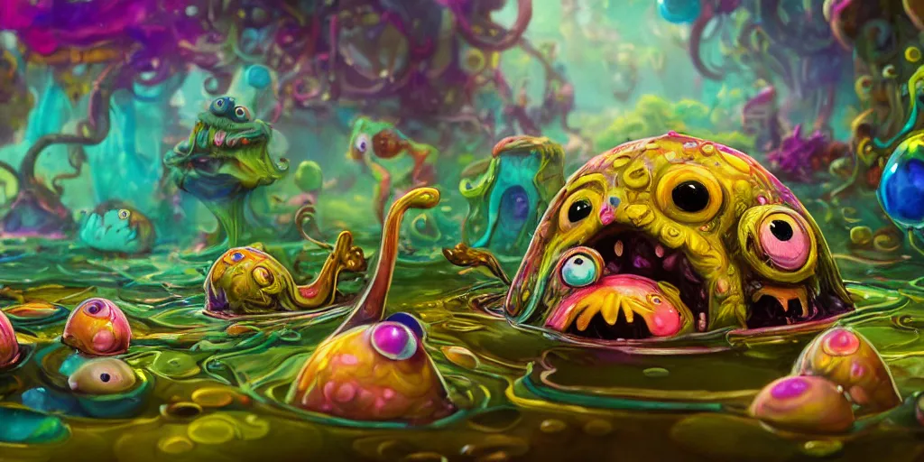 Prompt: intricate murky colorful pond with strange cute fluffy friendly happy creatures with huge eyes long tongue and funny face appearing from the water, in the style of craola, macro lens, shallow depth of field, highly detailed, digital painting, trending artstation, concept art, illustration, cinematic lighting, vibrant colors, photorealism, epic, octane render