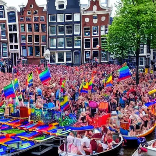 Prompt: Pride celebrated in Amsterdam, boats, colors, magic,