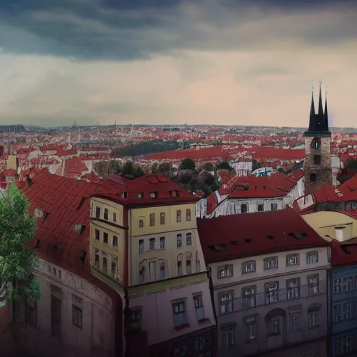 Prompt: Colored Pencil drawing, Prague skyline, octane render, highly detailed