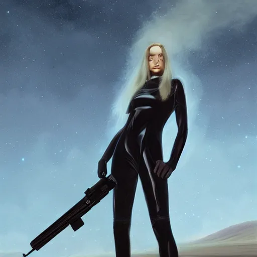 Image similar to pleiadian woman with big eyes and long silver hair wearing a dark body suit and holding a plasma gun standing in barren fields, art by greg rutkowski