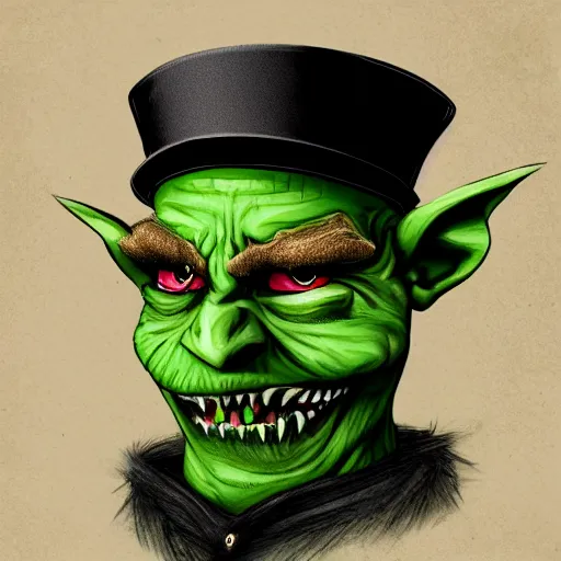 Prompt: a cartoonishly evil goblin, supervillain, top hat and luxurious moustache, green skin d & d character portrait, victorian clothing, digital art, 8 k,