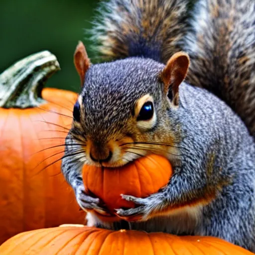 Prompt: squirrel with pumpkin on head