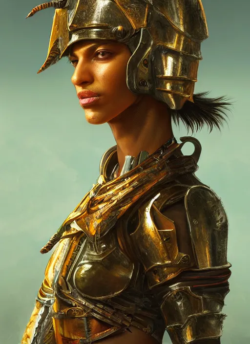 Image similar to portrait of m. i. a. - raw as a legendary knight warrior, au naturel, hyper detailed, digital art, trending in artstation, cinematic lighting, studio quality, smooth render, unreal engine 5 rendered, octane rendered, art style by klimt and nixeu and ian sprigger and wlop and krenz cushart.