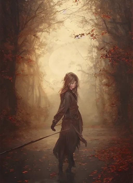 Image similar to golden leaves at frame border, creative composition for a book cover, moon, beautiful portrait painting by jeremy mann, a female witch absurdly beautiful, ultrafine hyperrealistic detailed face by wlop and artgerm and greg rutkowski, intricate linework, sharp focus, smooth, octopath traveler, final fantasy, unreal engine, dramatic lighting, ethereal, 8 k