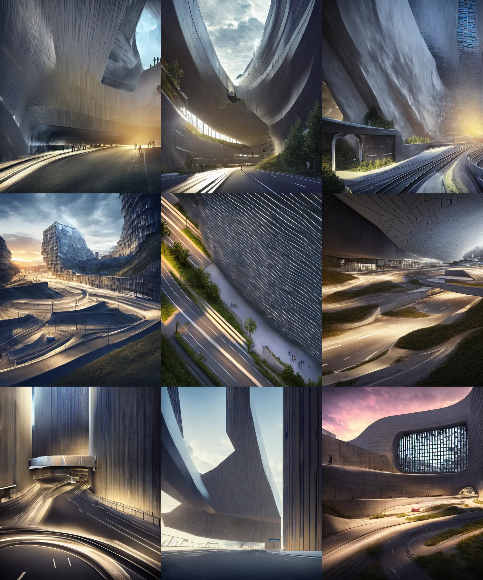 Image similar to denis villeneuve establishing shot of modern bjarke ingels condo building and gotthard tunnel entrance combined, roads tunnel under bjarke ingels condo building, lush environment, sunset raked lighting, scifi artstation digital concept art, unreal engine, hyper realism, realistic shading, cinematic composition, octane render, wide shot