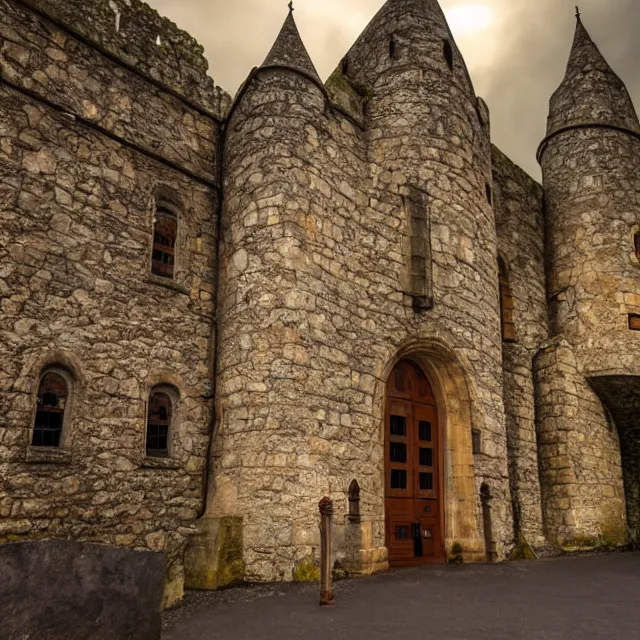 Prompt: hyper realistic photo, well maintained castle, mid - shot from the front gate courtyard with lightning in the background