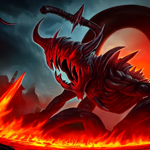 Prompt: the demon lord aatrox fighting against leg guy the unbeatable on a barren hellscape surrounded by a ring of fire, ultra detailed, hdr, 8 k
