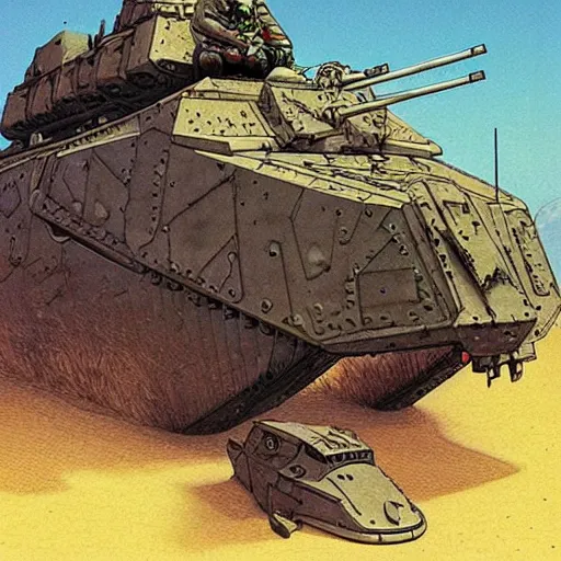 Prompt: humanoid rhino cyborg tank | jean giraud moebius