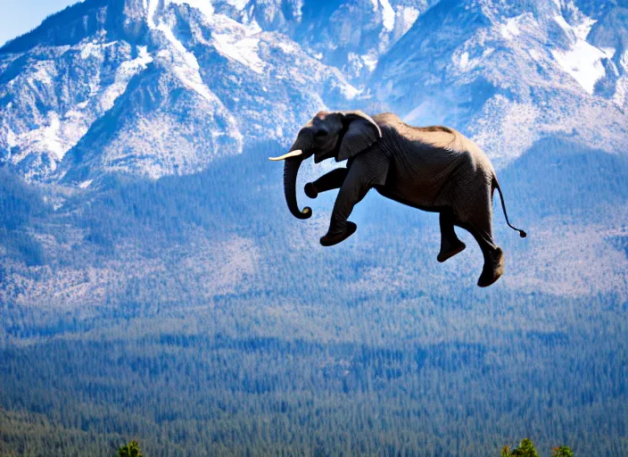 Image similar to dslr photo still of an elephant leaping off a mountain flying through the air, 4 k, 1 2 0 mm f 1 6