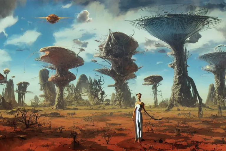 Image similar to 5 0 s pulp scifi illustration, woman holding retro ray gun stands beside tall martian creature, beautiful landscape, plain stretching into distance, pond, baobab trees, painted by bergey, craig mullins, ruan jia, raymond swanland, jeremy mann, beksinski, jack kirby, tom lovell, alex malveda, schomburg